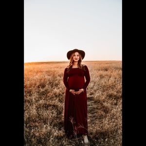 Burgundy off-should maternity maxi dress